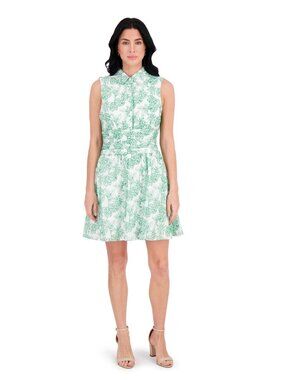 Tropical Leaf Print Kensie Sleeveless Dress Size 14 Green & White Button Front C